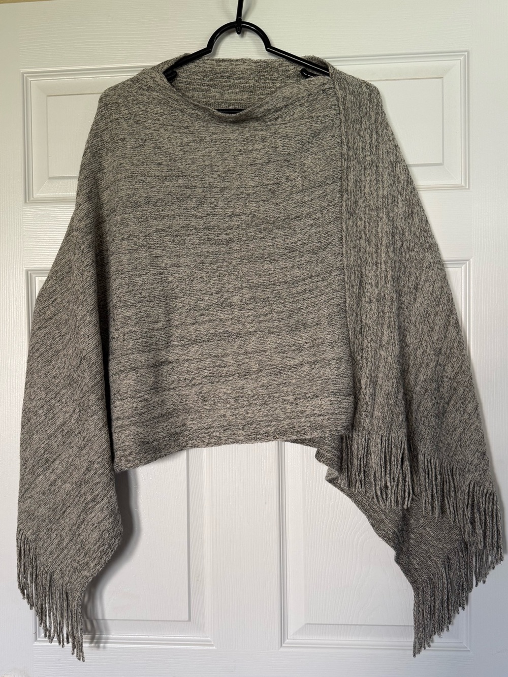 Soft Grey Fringe Knit Poncho Sweater - Women's